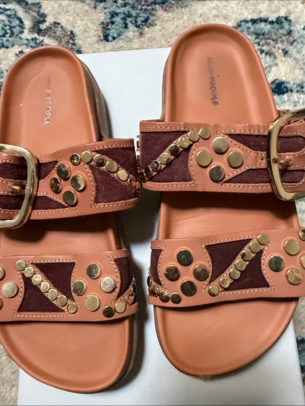 Free People Tan Leather Studded Double-Strap Slide Sandals - Picture 4 of 6